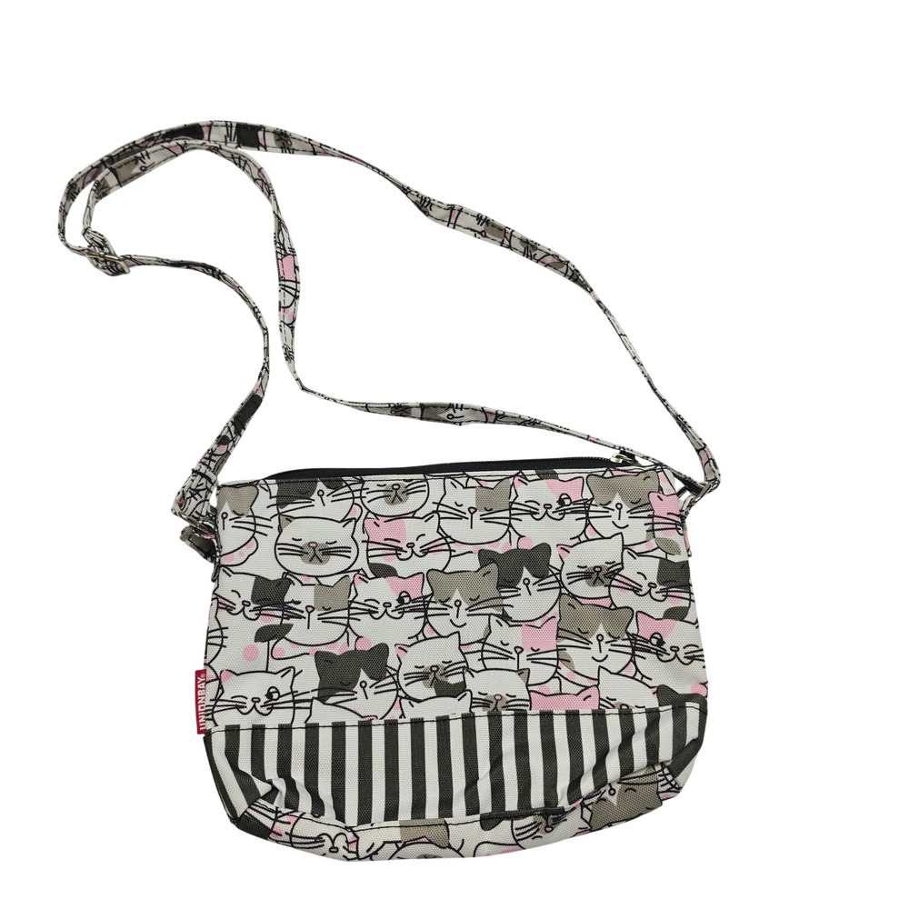 Unionbay Crossbody Bag Women Small White Cat Print Striped Canvas